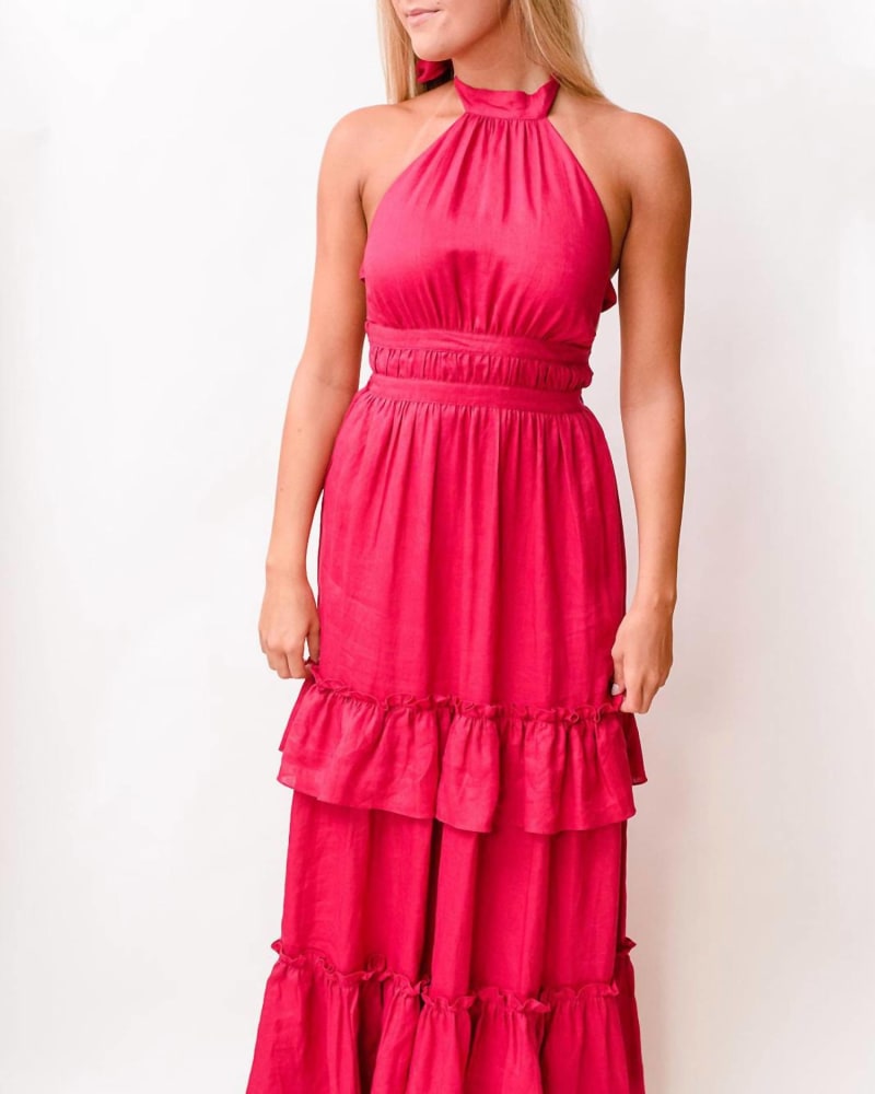 Front of a model wearing a size L Raeann Dress in Raspberry in Raspberry by Cami NYC. | dia_product_style_image_id:335342